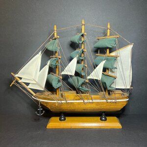 Vintage Handcrafted Nautical Wooden Clipper Ship w/ Cotton Fabric Sails 11 x 13"